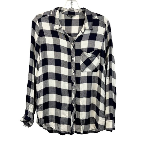Staccato Tops - Staccato Women’s Long Roll Tab Sleeve Button Down Top Navy/White Check S